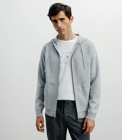 Hoodie zippé à capuche en maille gris chine - IZAC