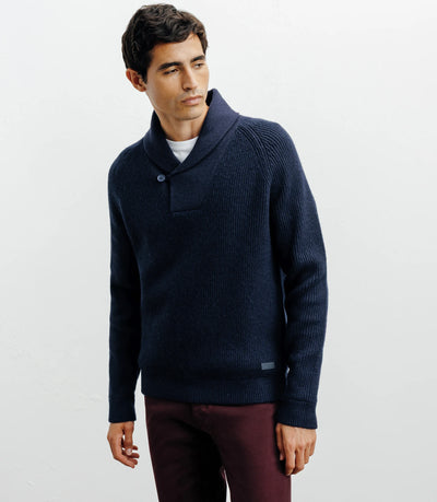 Pull en laine col châle marine - IZAC