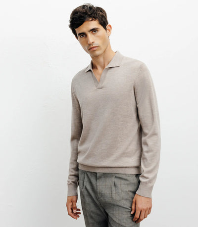 Pull col polo en laine mérinos beige - IZAC