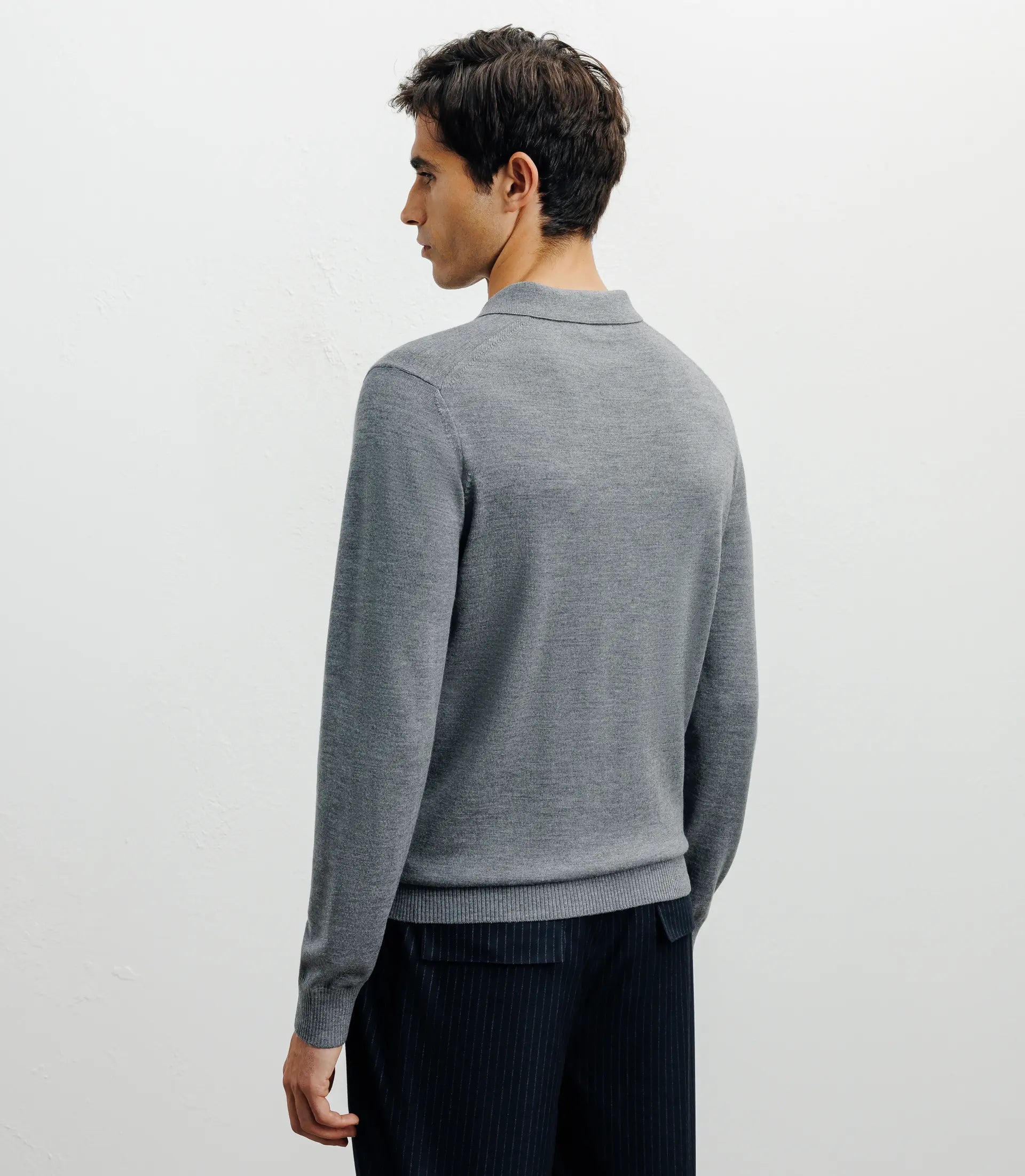 Pull col polo en laine mérinos gris chiné - IZAC