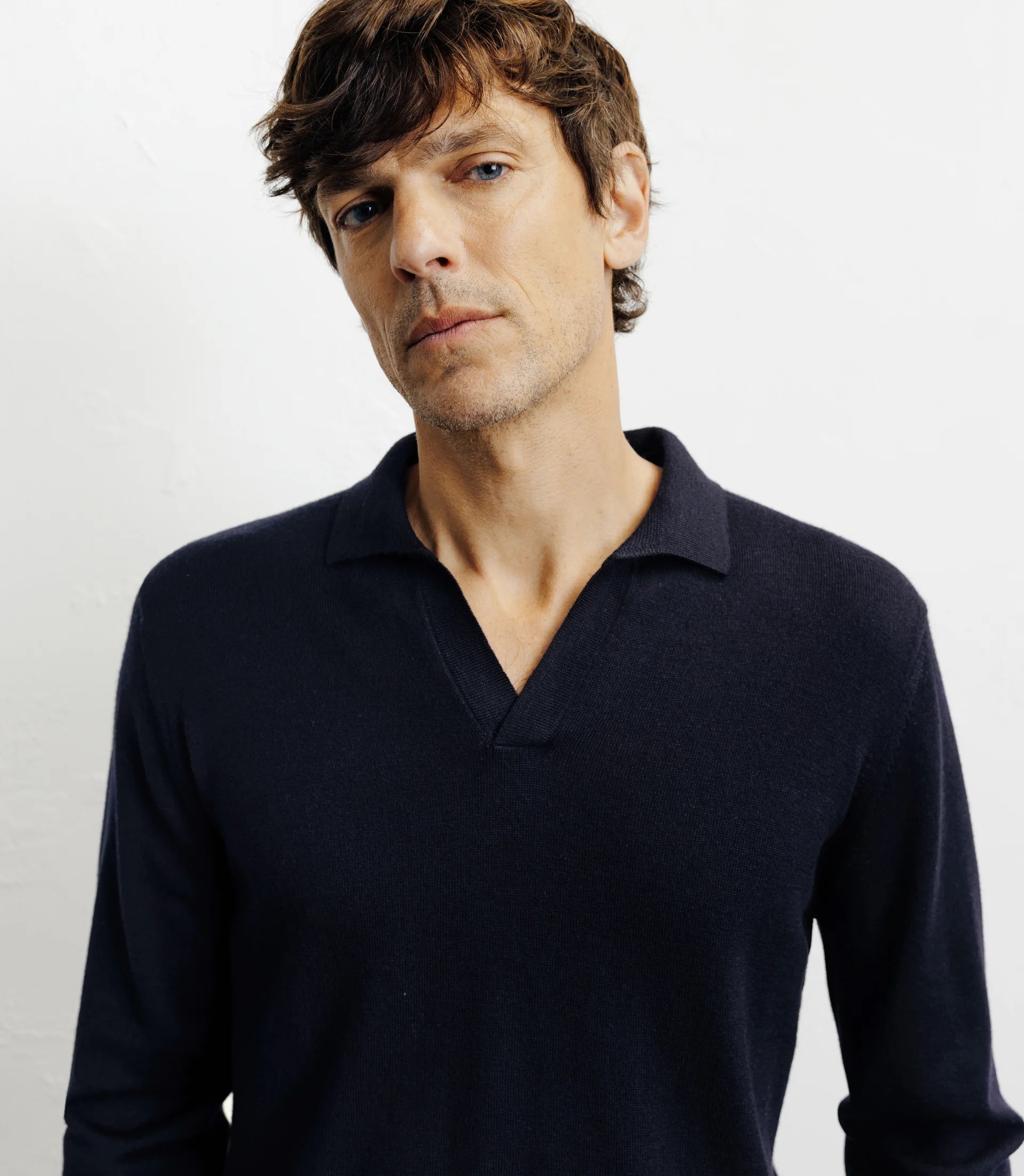 Pull col polo en laine mérinos marine - IZAC