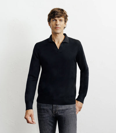 Pull col polo en laine mérinos noir - IZAC