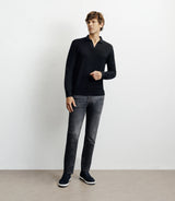 Pull col polo en laine mérinos noir - IZAC
