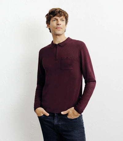 Pull col polo zippé en maille fine bordeaux foncé - IZAC