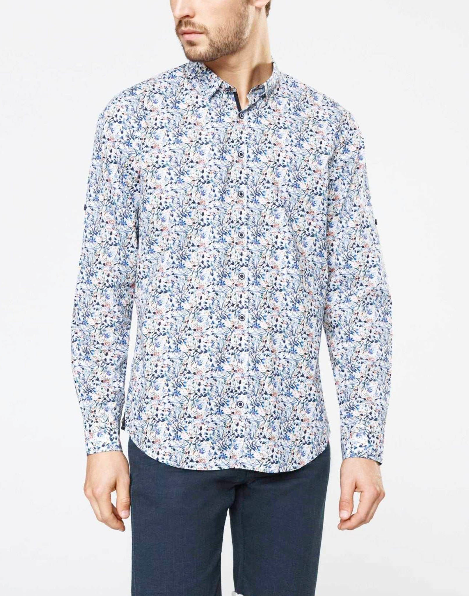 Chemise casual indigo motif fleurs