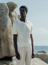 Ecru knit open-neck polo shirt