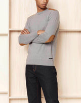 Grey sweater with camel elbow patches