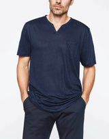 Navy linen t-shirt with tunisian collar