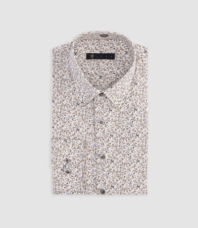 Chemise slim à imprimé fleuris blanche et camel MANU - IZAC