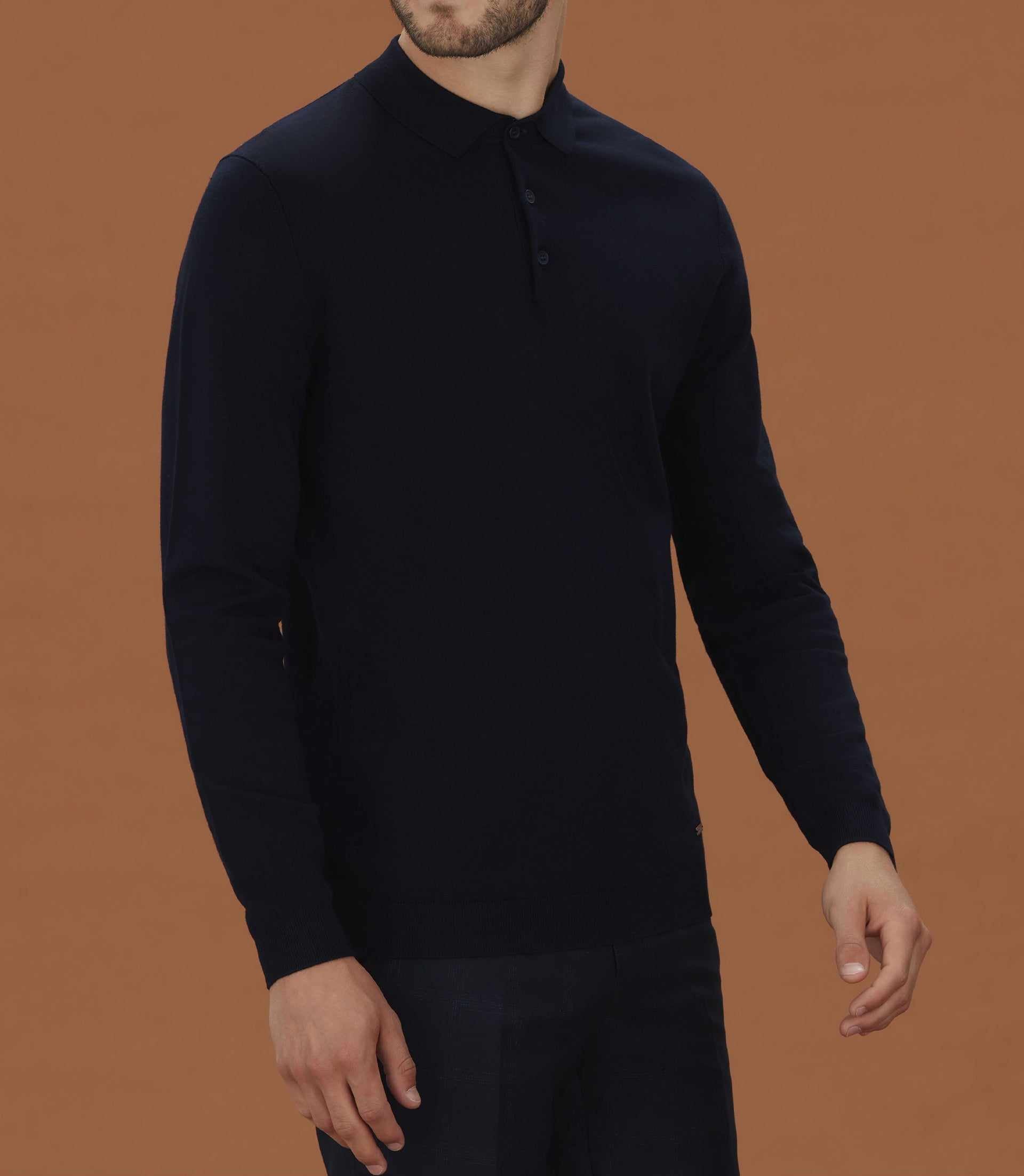 Polo en maille à manches longues marine "Celal" - IZAC